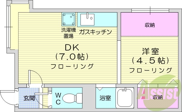 1DK、灯油暖房、バストイレ別、ガスキッチン