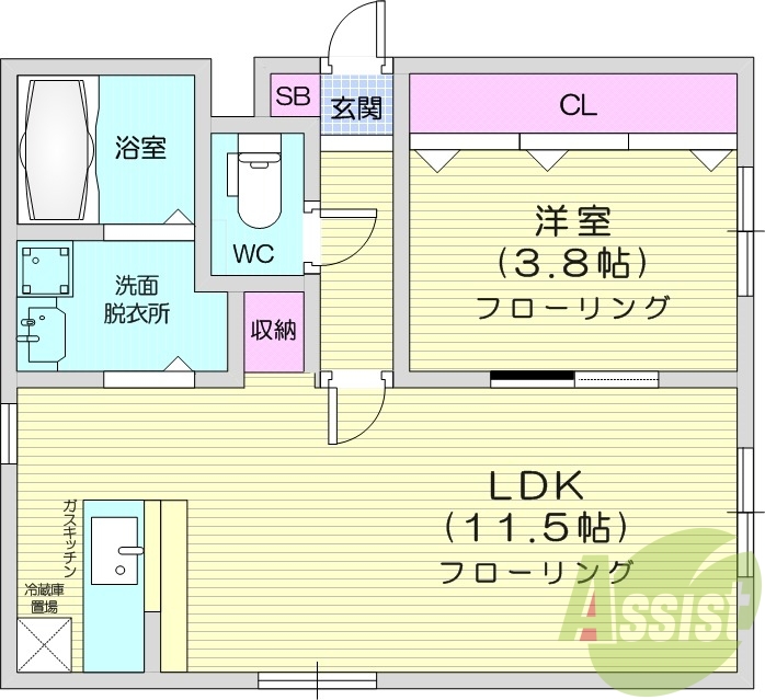 1LDK、エアコン、シャワートイレ、灯油暖房