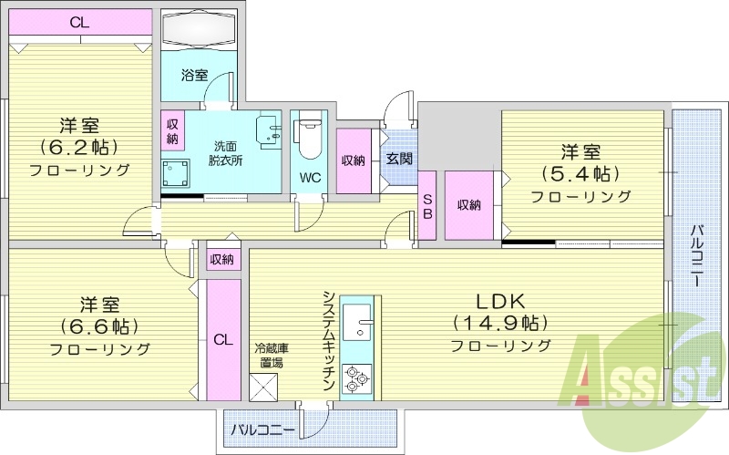 3LDK、収納、洗濯機置場、都市ガス、バストイレ別