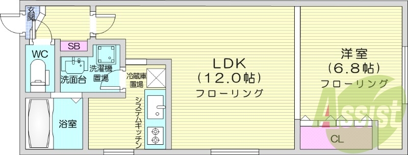 1LDK、システムキッチン、シューズボックス