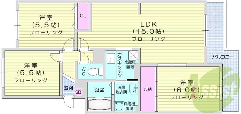 3LDK、独立洗面台、灯油暖房、トランクルーム、トイレ風呂別