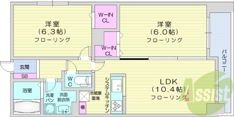 2LDK、都市ガス、オートロック、システムキッチン