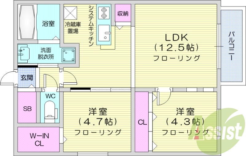 2LDK、エアコン、ネット無料、WIC、オートロック