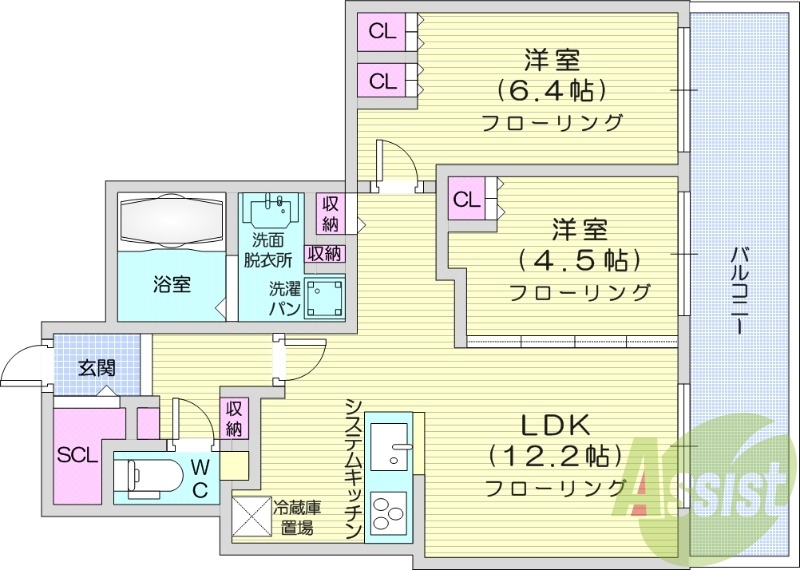 2LDK、システムキッチン、床暖房、シャワートイレ