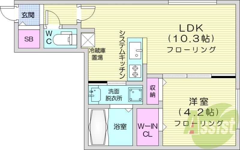 1LDK、都市ガス、エアコン、システムキッチン、浴室乾燥機
