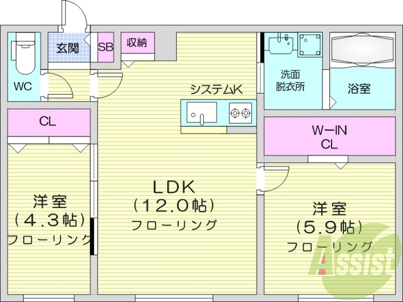 2LDK、都市ガス、エアコン、システムキッチン、浴室乾燥機