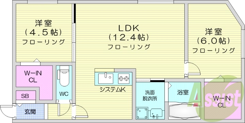 2LDK、都市ガス、エアコン、システムキッチン、浴室乾燥機