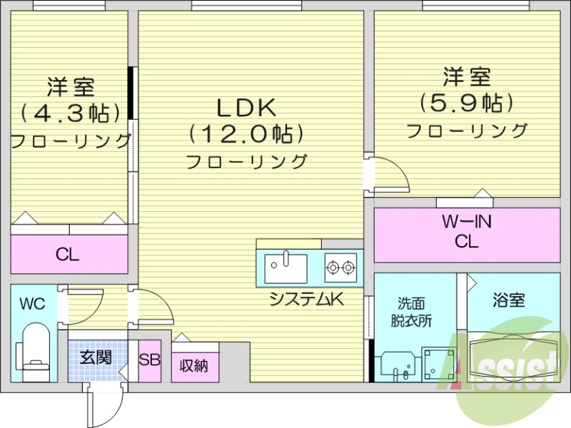 2LDK、都市ガス、エアコン、システムキッチン、浴室乾燥機
