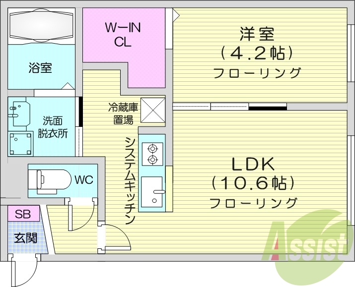 1LDK、都市ガス、エアコン、システムキッチン、浴室乾燥機