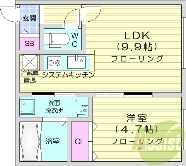 1LDK、エアコン、システムキッチン、ネット無料