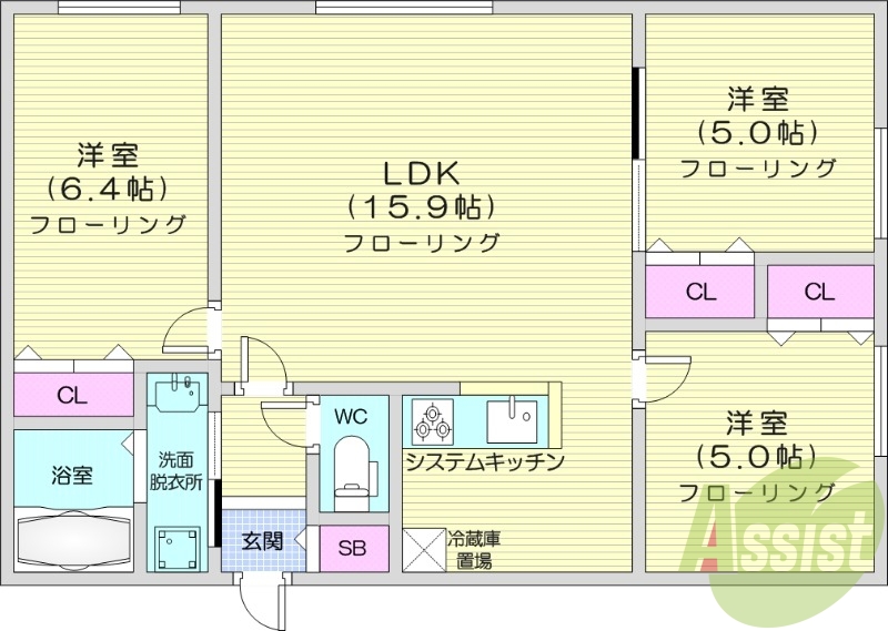 3LDK、エアコン、システムキッチン、ネット無料