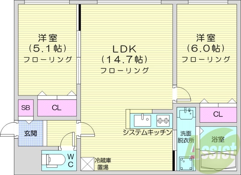 2LDK、エアコン、システムキッチン、追い焚き