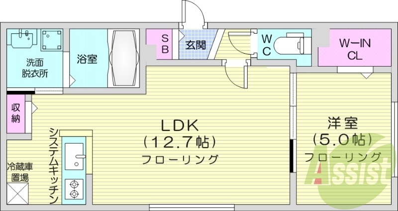 1LDK、都市ガス、エアコン、システムキッチン、