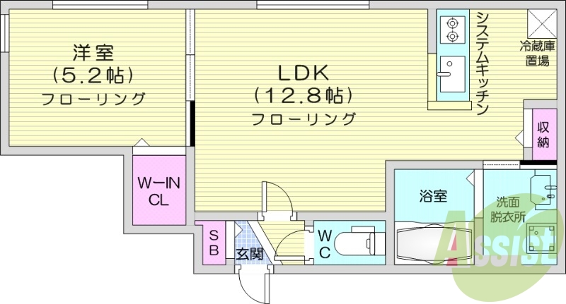 1LDK、都市ガス、エアコン、システムキッチン、