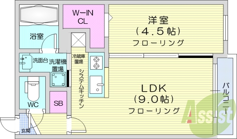1LDK、エアコン、都市ガス、システムキッチン