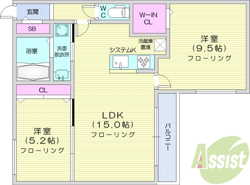 2LDK、都市ガス、独立洗面台、システムキッチン、追い焚き