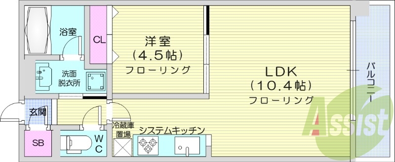 1LDK、角部屋、都市ガス、システムキッチン、ガスFF暖房