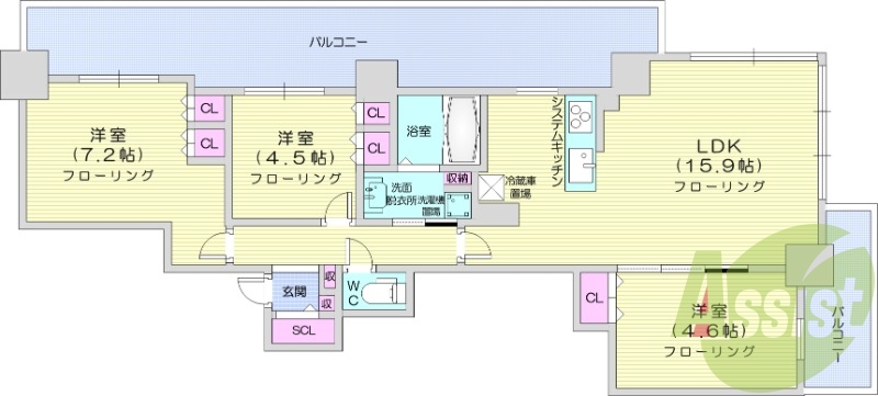 3LDK、システムキッチン、床暖房、シャワートイレ