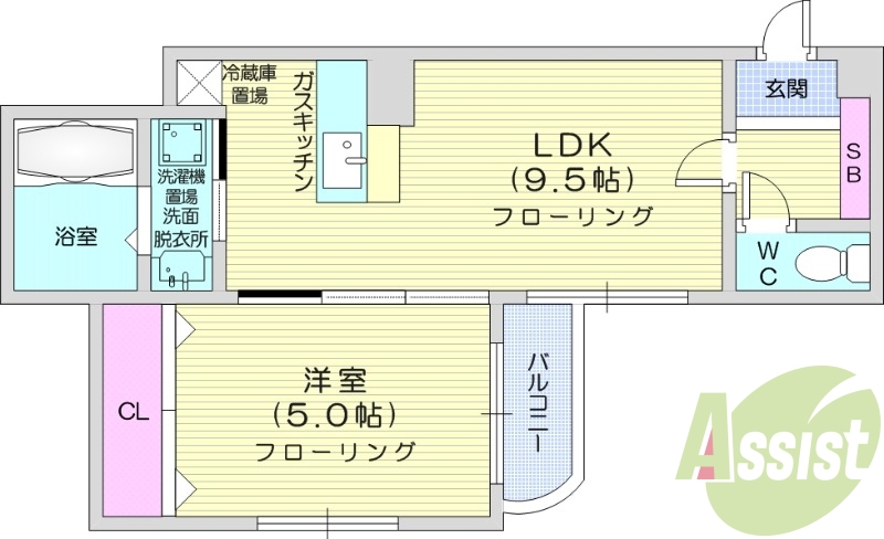 1LDK、対面キッチン、灯油暖房、バルコニー