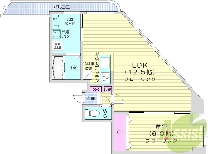1LDK、オール電化、独立洗面台、システムキッチン