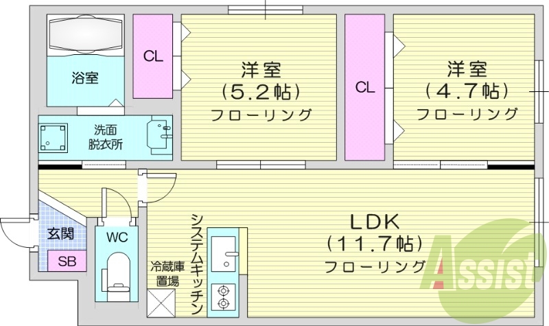 2LDK、エアコン、都市ガス、独立洗面台