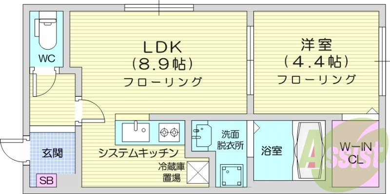 2LDK、エアコン、都市ガス、独立洗面台