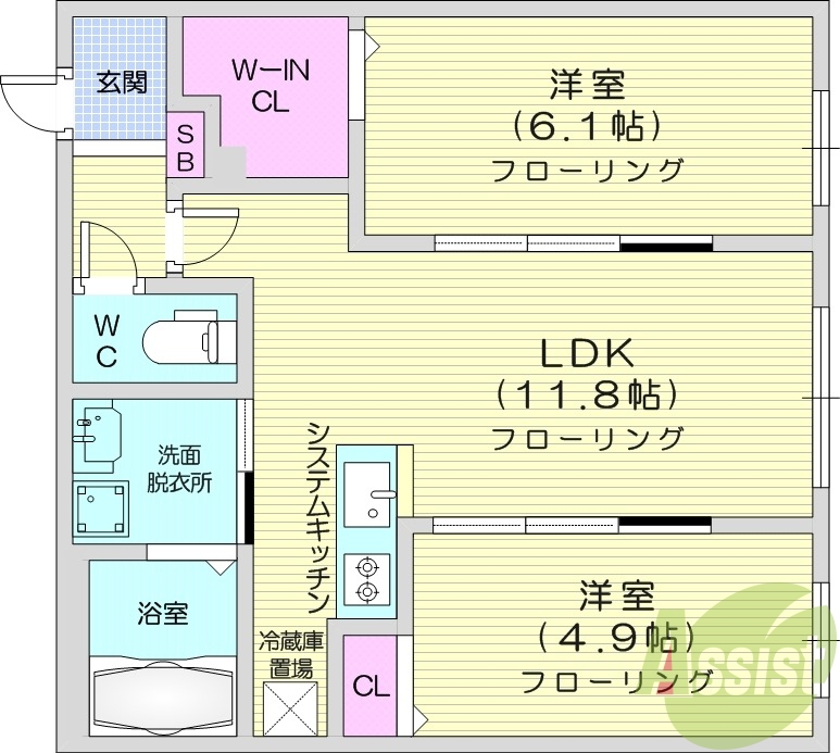 2LDK、エアコン、都市ガス、独立洗面台