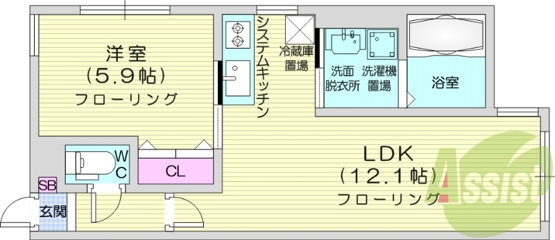 1LDK、角部屋、都市ガス、ネット無料、システムキッチン