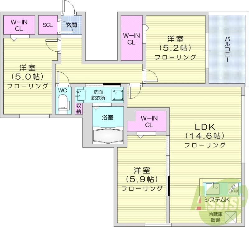 3LDK、都市ガス、ペット可、エコジョーズ、1坪バス