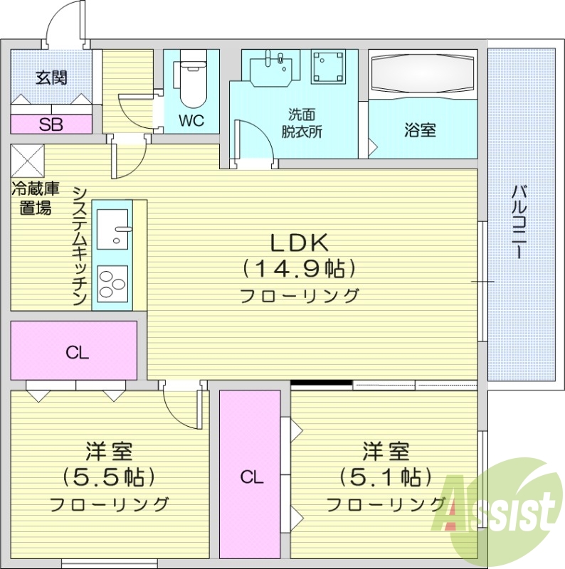2LDK、クローゼット、システムキッチン、シューズボックス