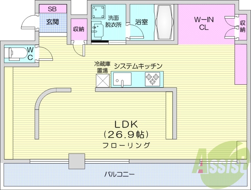 1R、システムキッチン、都市ガス、インターネット使用無料