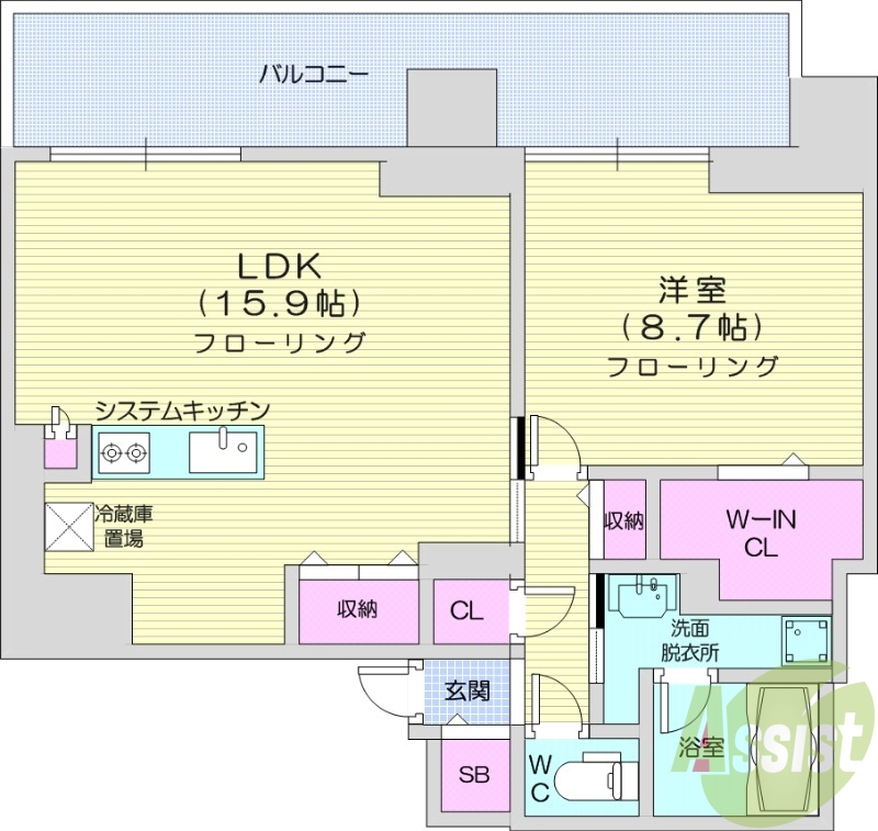 1LDK、都市ガス、システムキッチン、エアコン