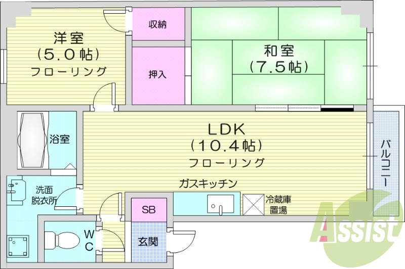 2LDK、独立洗面台、ガス給湯器、ガス暖房、バス・トイレ別、