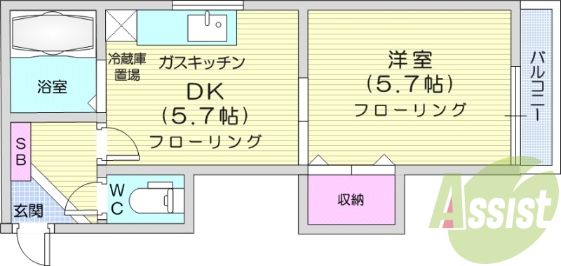 1DK、シャワートイレ、モニタ付きインターホン