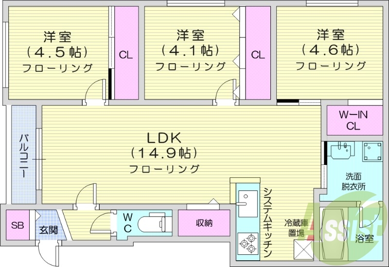3LDK、都市ガス、エアコン、システムキッチン