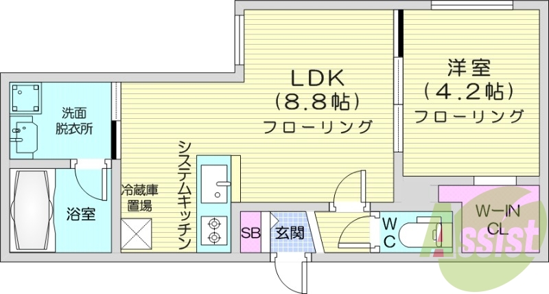 1LDK、都市ガス、エアコン、システムキッチン