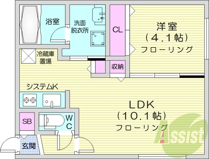 1LDK、都市ガス、エアコン、システムキッチン