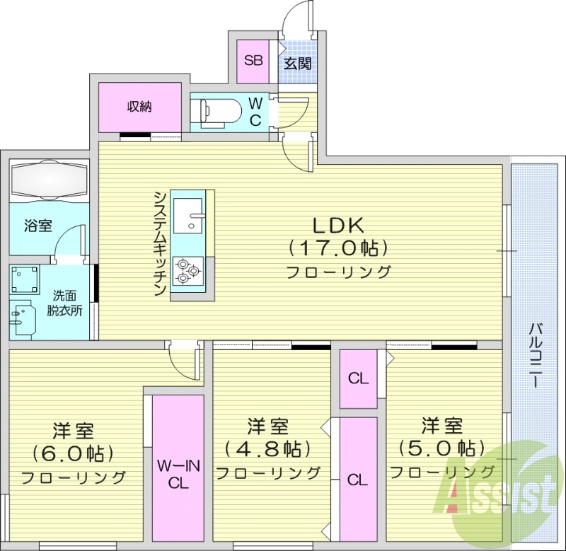 3LDK、エアコン、浴室乾燥機、システムキッチン