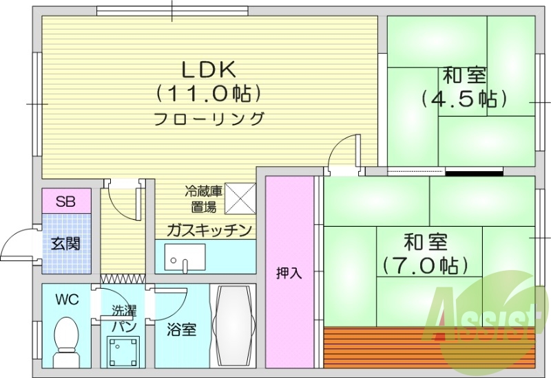 2LDK、灯油暖房、バストイレ別、室内洗濯機置場