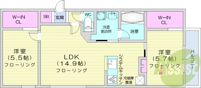 2LDK、エアコン、浴室乾燥機、システムキッチン