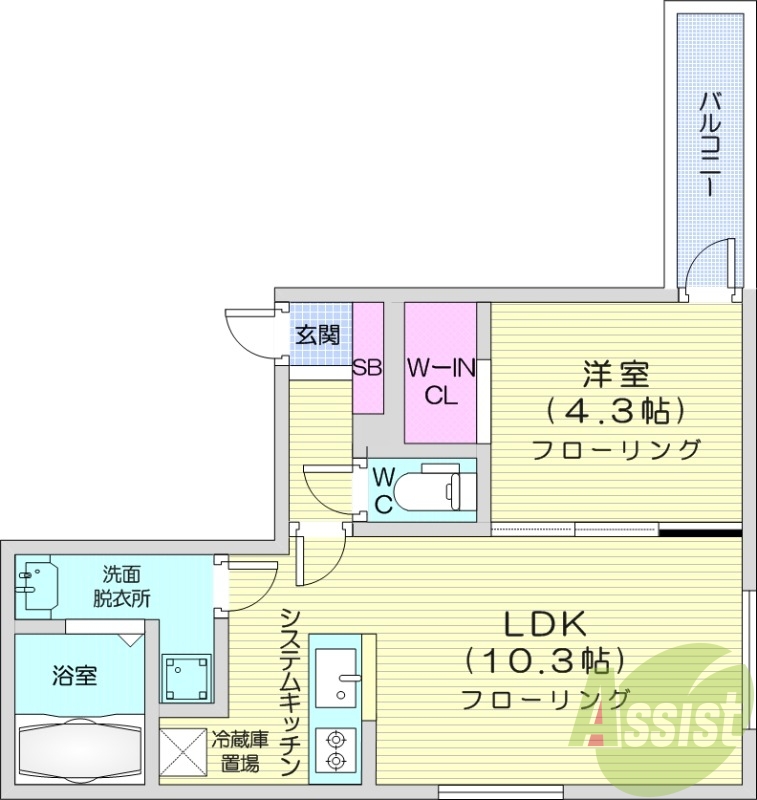 1LDK、都市ガス、エアコン、システムキッチン、浴室乾燥機
