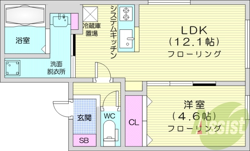 1LDK、都市ガス、エアコン、システムキッチン、浴室乾燥機
