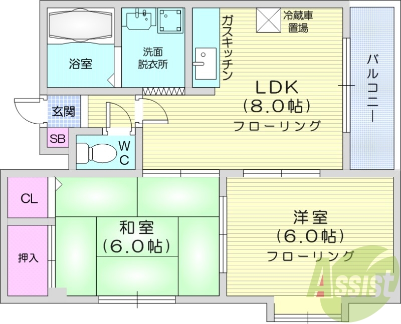 2DK、浴室乾燥機、都市ガス、バルコニー