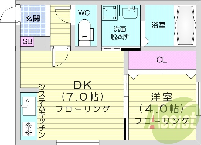 1DK、エアコン、システムキッチン、浴室乾燥機