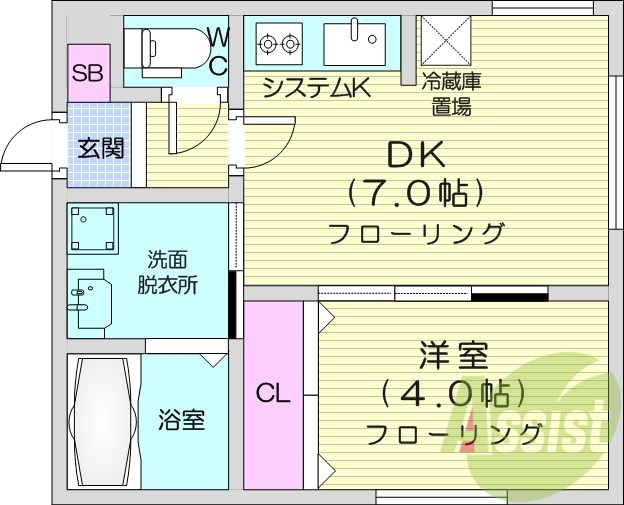 1DK、エアコン、システムキッチン、浴室乾燥機