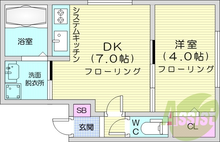 1DK、エアコン、システムキッチン、浴室乾燥機