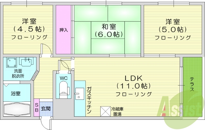 3LDK、独立洗面台、ペット可、TVモニターホン
