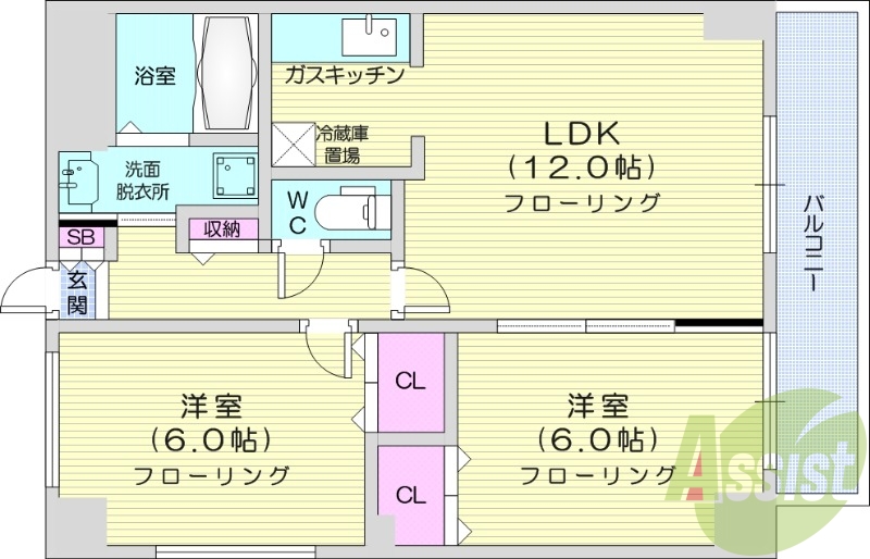 2LDK、バストイレ別、オートロック、シャンプードレッサー