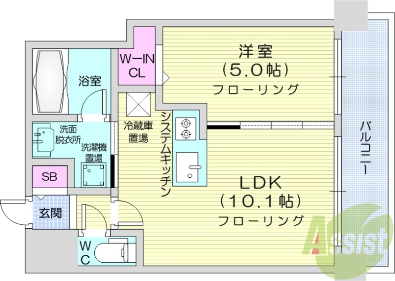 1LDK、都市ガス、エアコン、システムキッチン