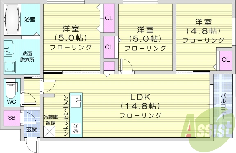 3LDK、エアコン、システムキッチン、独立洗面台